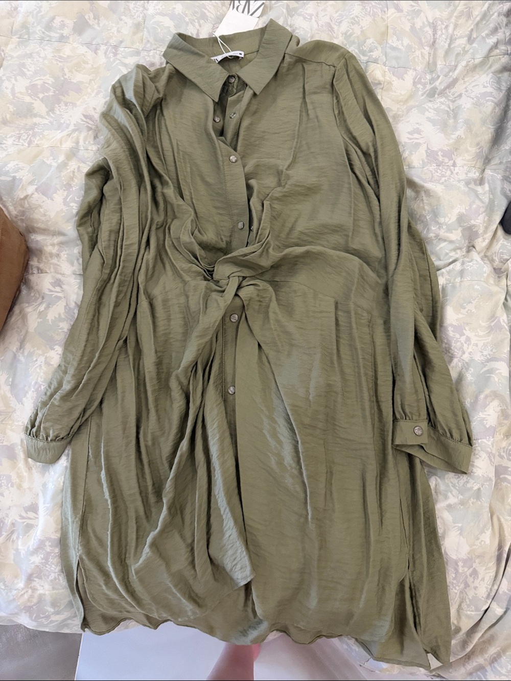 Zara Olive Green Long Sleeve Button-Front Dress